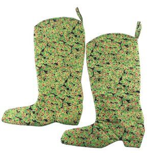 Christmas Stocking Cowboy Boot Shape Holly Berry Print Handmade